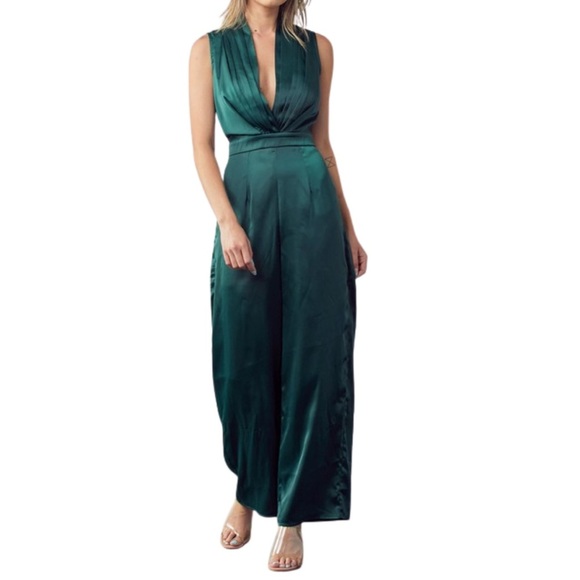 Reveuse Pants - Chic Emerald Satin Jumpsuit